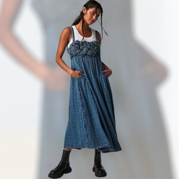 Free People Dolly Midi Floral Dress in Indigo - Picture 1 of 5